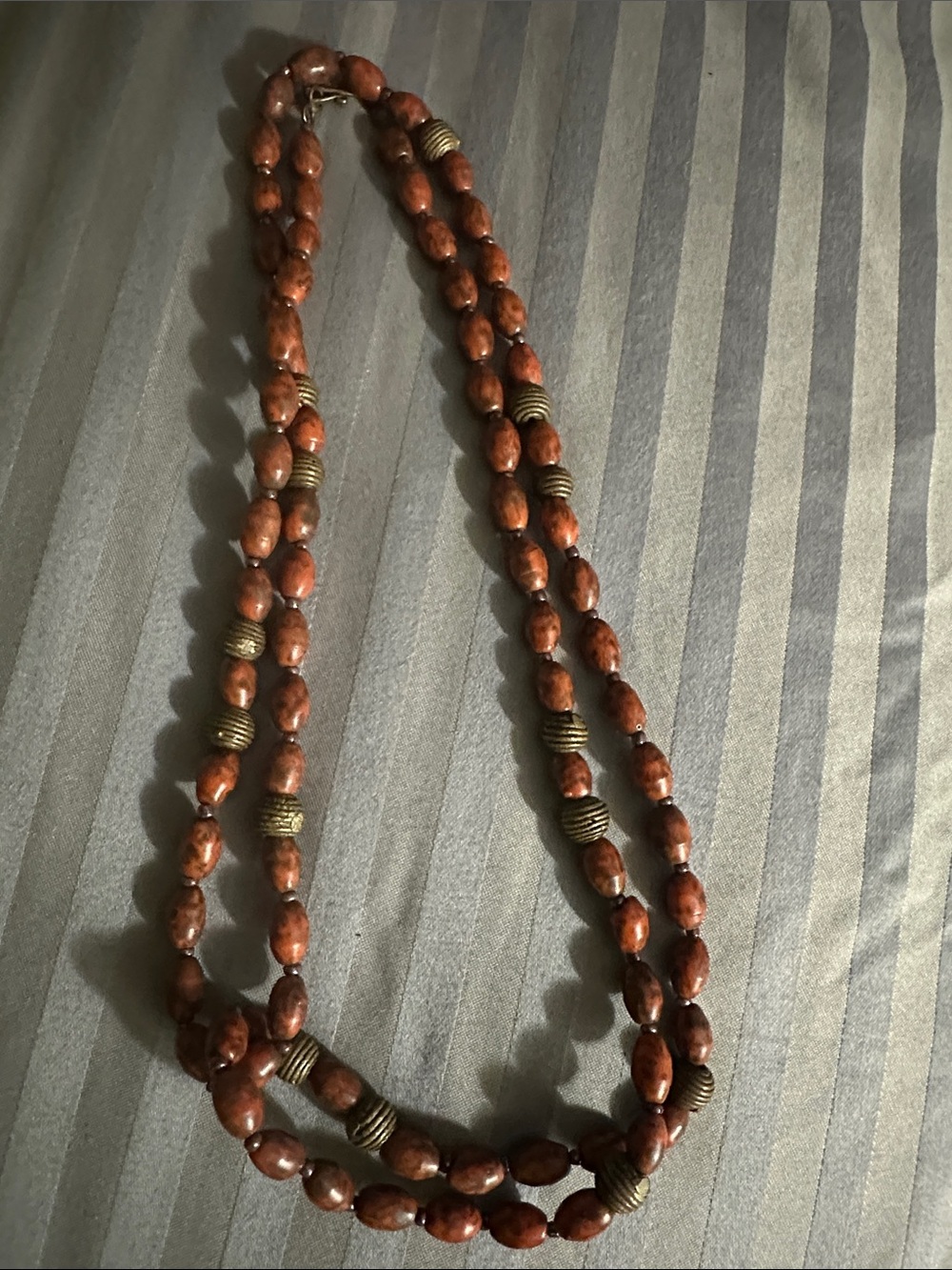 Double Strand Brown Beaded Necklace with Antique Gold Accents